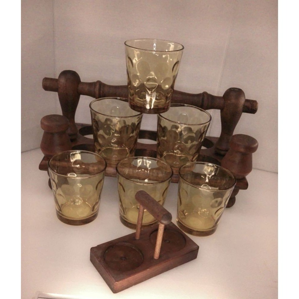 Vintage Amber Lowball Glasses Set of 6 with Wooden Caddy and Salt Pepper - Picture 2 of 8